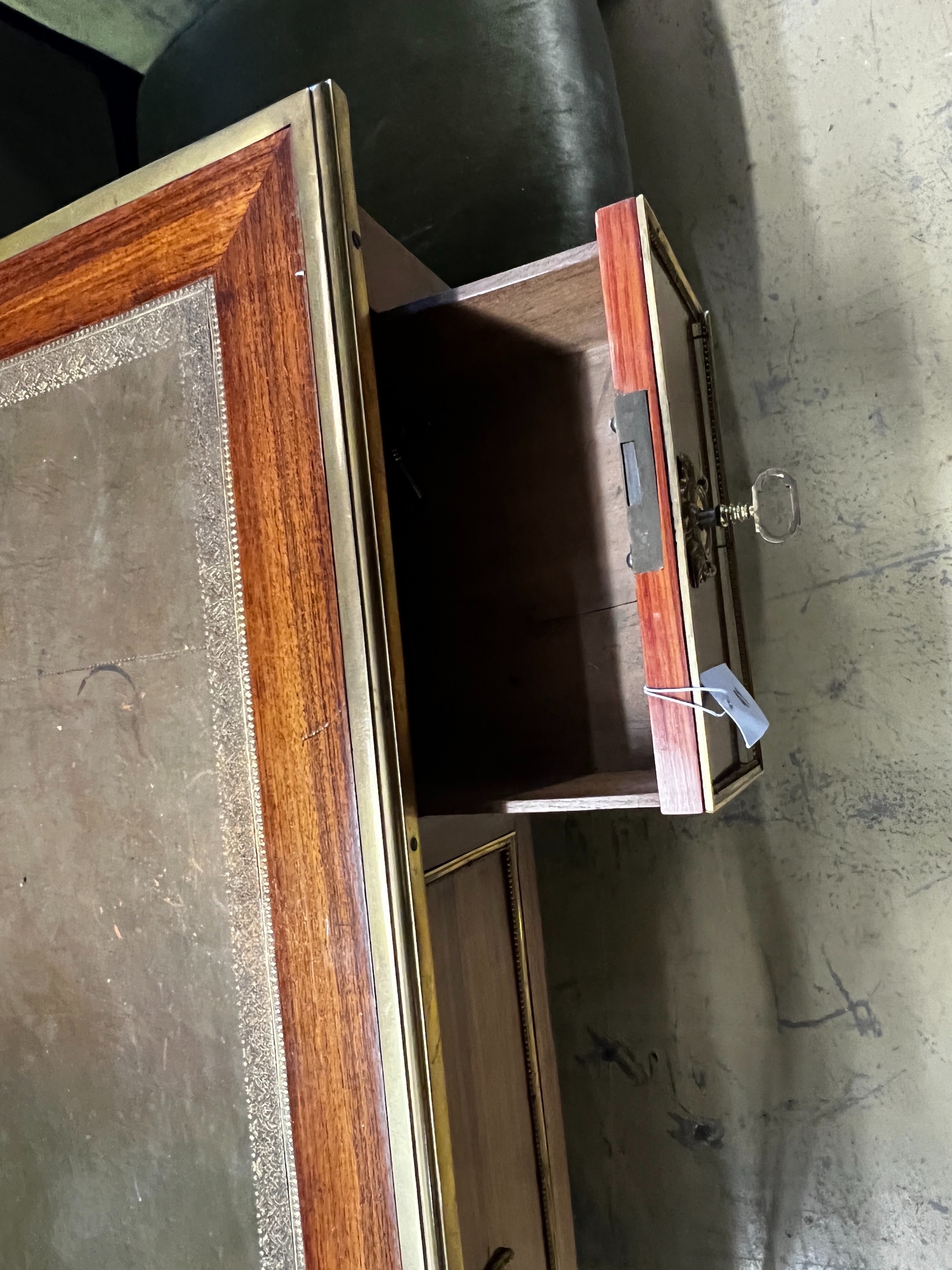 An early 20th century French gilt metal mounted kingwood bureau plat, width 113cm, depth 70cm, height 78cm